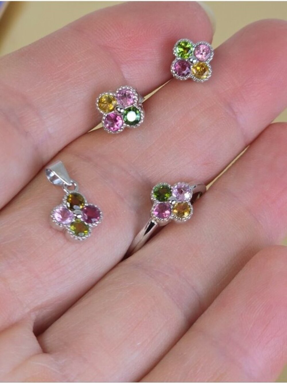 925 Sterling Silver Set (Earrings, Ring Sz 6, Pendant) With Natural Tourmaline .